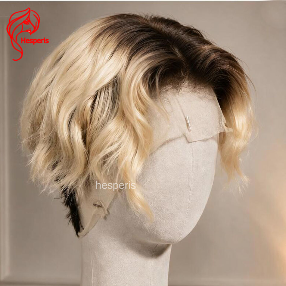 Glueless Wear And Go Human Hair Wig - Hesperis Herenpruik Ombre Blonde Kort Golvend